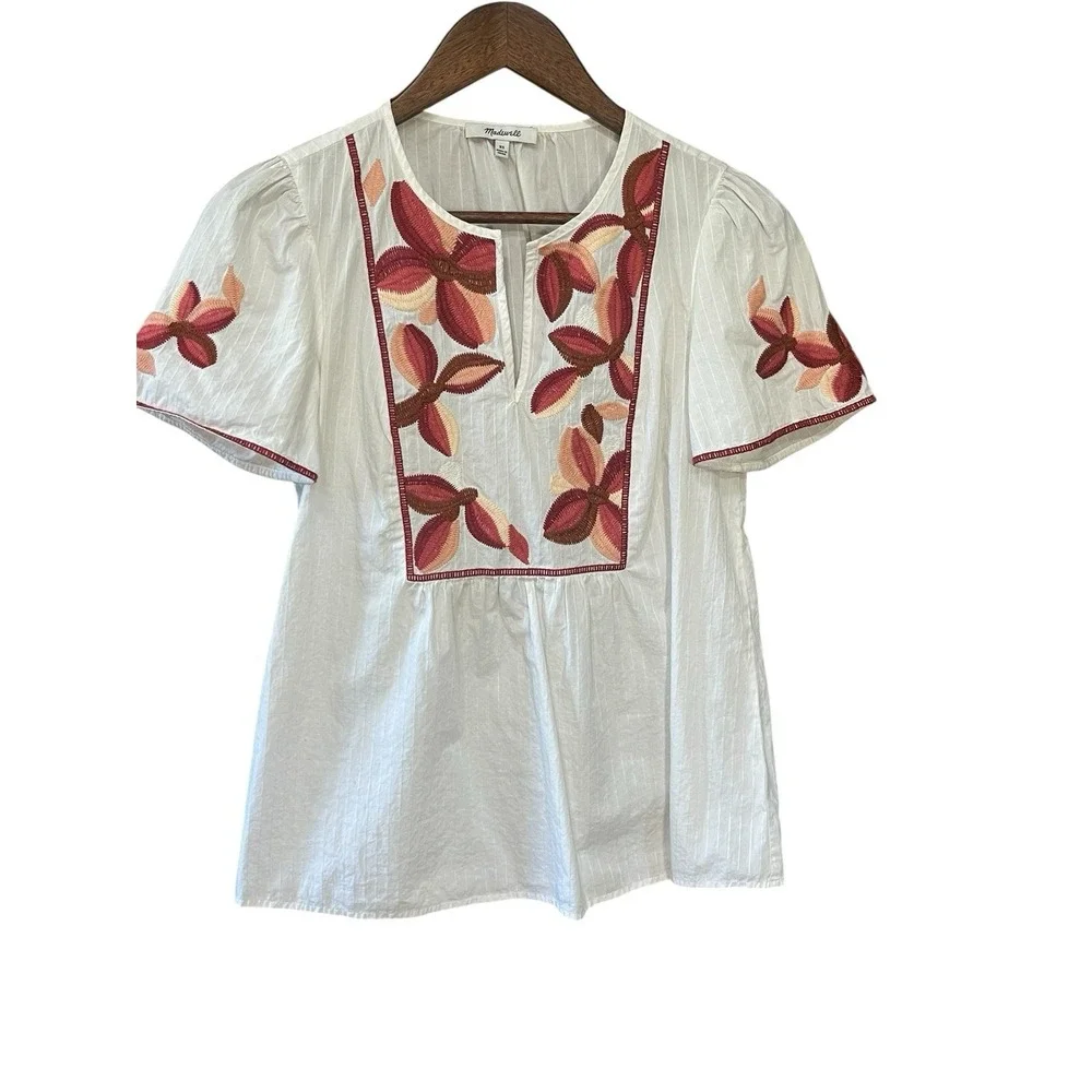 Madewell White Pink Burgundy Floral Embroidered Boho Blouse Top Size XS - Picture 5 of 12